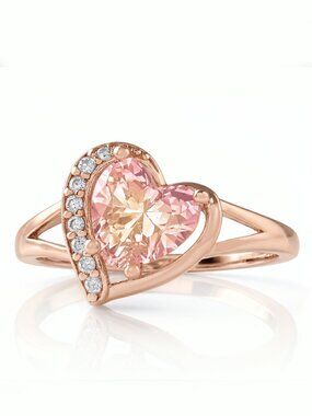 Heart peach and pink gemstone ring, 925 Sterling Silver, 18k Rose Gold